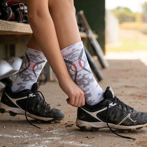 ChalkTalkSPORTS Cushioned Mid-Calf Crew Baseball Socks - Red Navy Crossed Bats (Small / Digital Camo)