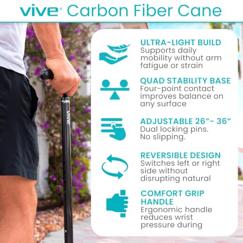 Vive Ultra-Lightweight Carbon Fiber Quad Cane with Reversible Base, Adjustable Height, Black