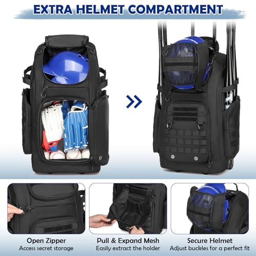 SunForMorning Black Rolling Baseball Bag with Wheels, Catchers Gear Storage