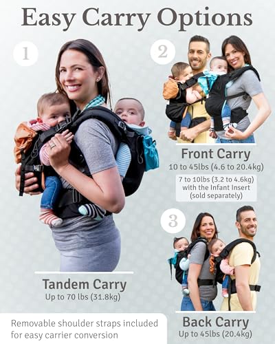 Twin Baby Carrier for 2 Kids – Adjustable Front & Back Twin Carrier, Supports 9.9–45 lb, Includes Sleep Hoods & Seat Belt – Classic Black