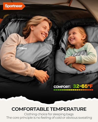 Sportneer 4.4lb 3-Season Sleeping Bag for Adults & Kids, Black & Light Gray