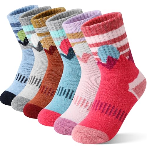 Kids Merino Wool Hiking Socks 8-12 Years Thermal Winter Cozy 6 Pairs - Sun Mixed