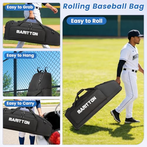 MERALIAN Black Rolling Baseball Bag with Wheels for 4 Bats and Gear