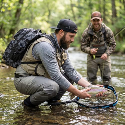Fishing Backpack with Floating Landing Net & Tackle Bag - Black Camo