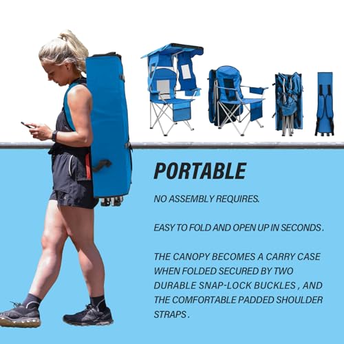 BDL Sky Blue Camping Chair with Canopy, Cooler & Mesh Backrest - Portable Foldable Outdoor Seat