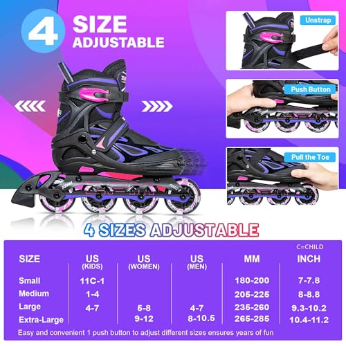 Adjustable Inline Skates for Kids, Youth & Adults with Light Up Wheels - Violet & Magenta, Large (4.5-8 US)
