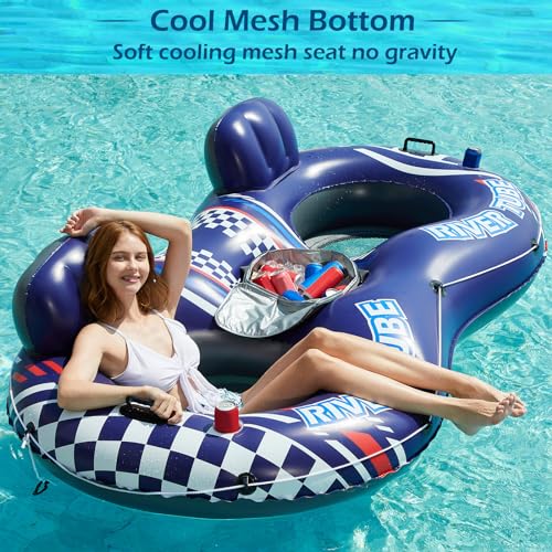 Blue Inflatable River Tube Float for 2 Adults with Removable Cooler & Cup Holders - Heavy Duty Pool Lounger