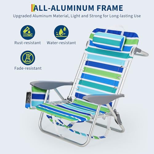 GarveeLife 2 Pack Portable Folding Beach Chairs with Recline & Accessories - Lightweight Support to 350LBS - Standard