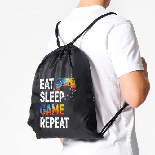 Pishovi Eat Sleep Game Repeat Drawstring Waterproof Backpack, Sports Bag for Men & Women, Player Gifts for Game Lovers