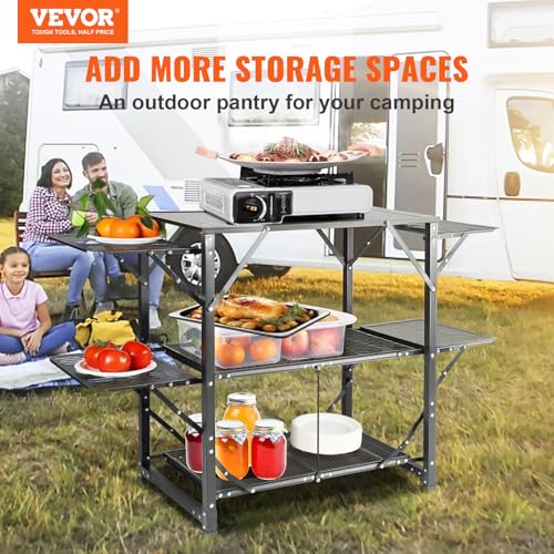 Camping Kitchen Table - Aluminum Folding Portable Cook Station with 4 Side Tables & Bag - Black 1