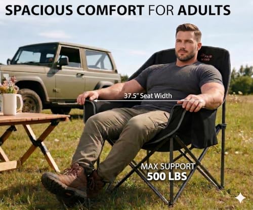 FAIR WIND 2 Pack XL Heavy Duty Camping Chairs Black - Oversized, Padded, Portable