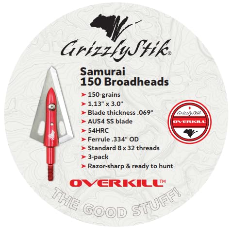 GRIZZLYSTIK Overkill Samurai Broadheads 150gr Razor Sharp Single Bevel Stainless Steel, Bone Breaking, 3 Pack