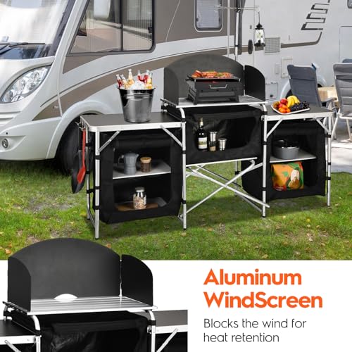 Camping Kitchen Table with Storage & Windshield - Black, Foldable Aluminum