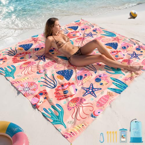 Pink Ocean Beach Blanket Sandproof Waterproof 78x81 Inch Oversized Mat
