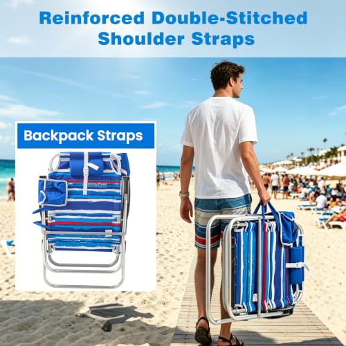 Blue Striped High Seat Beach Chair for Adults with Cooler & Cup Holder - 5 Recline Positions