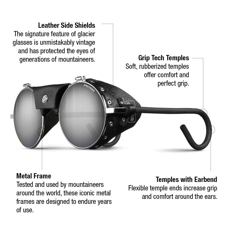 Julbo Vermont Classic Glacier Sunglasses with Leather Side Shields - Black Frame & Silver Mirror 51mm