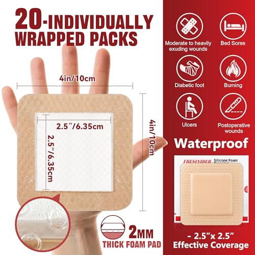 Silicone Foam Dressing with Adhesive Border - 4 x 4 Inches, Pack of 20 Waterproof Wound Bandages