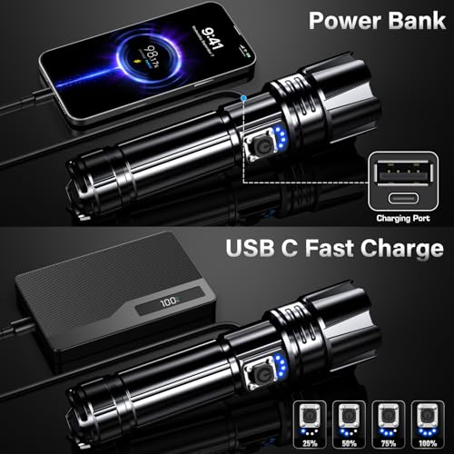 Rechargeable LED Flashlight 4 Pack High Lumens Super Bright with Digital Display, Black