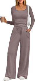 Trendy Queen 2-Piece Lounge Set - Women's Scoop Neck Top & Wide Leg Pants with Pockets