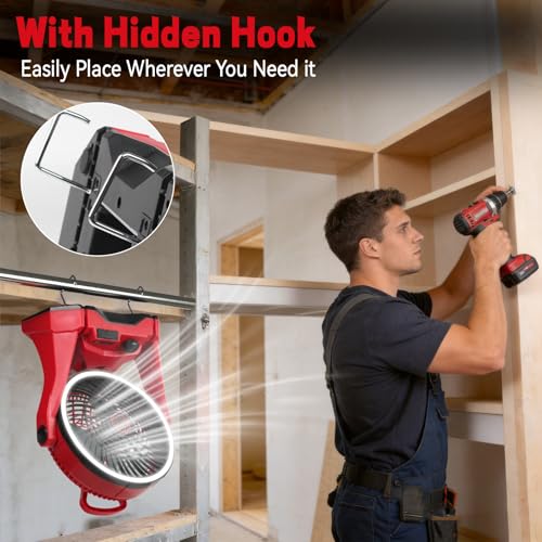 Yudara Red Battery Operated Camping Fan for Milwaukee M18 with LED Light & Hanging Hook
