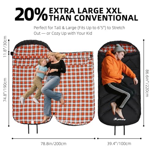 XplrKamp XXL 4-Season Cotton Flannel Sleeping Bag for Adults, Big & Tall, Carbon/Pumpkin