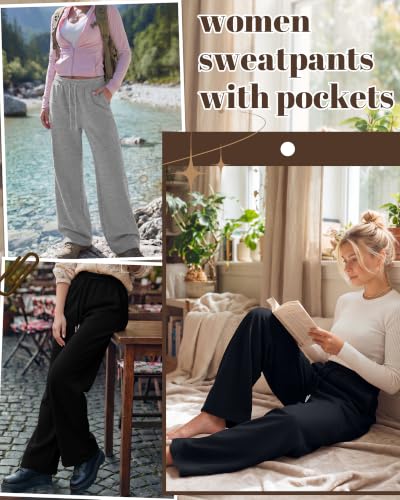 Women's Wide Leg Baggy Sweatpants with Pockets - Medium Navy Blue Gray Black