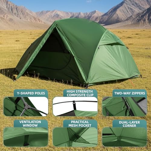 Green 2 Person Lightweight Backpacking Tent with High Headroom - Compact & Waterproof