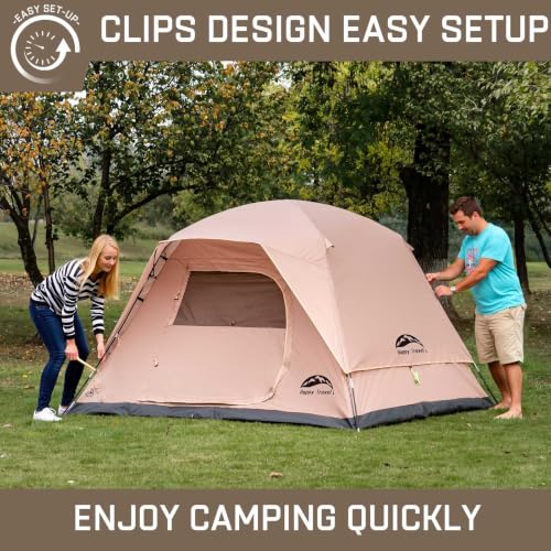 HAPPY TRAVEL Khaki 4 Person Dome Camping Tent with Rainfly & Mesh Ventilation