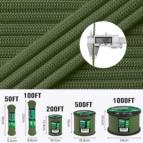 Triberion 750 lb Paracord Rope 1000ft Heavy Duty Survival Cord 4mm Army Green