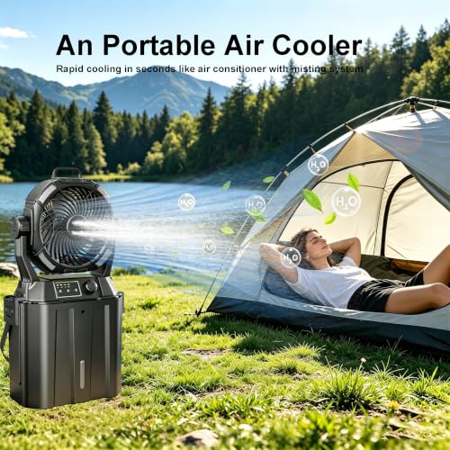 Brightpik Black Portable Misting Fan with 6L Bucket, 20,000mAh Battery, Stepless Speed, Timer & Rotating Hook