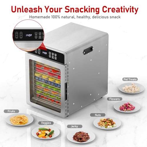 Prenafla Food Dehydrator with 10 Trays - Light Silver, Digital Control for Jerky, Fruit & Pet Treats