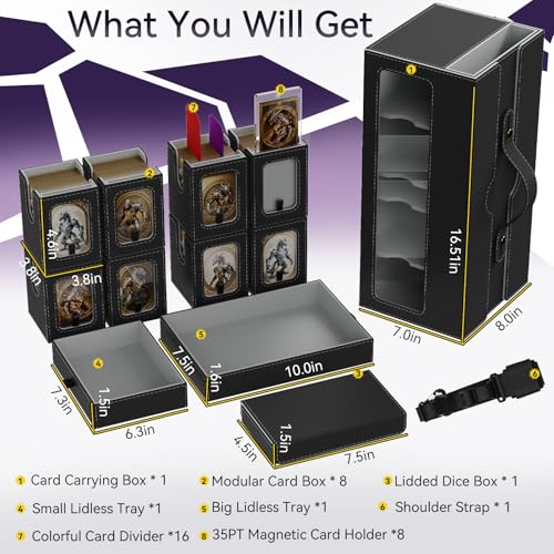 Cortile MTG Commander Deck Box 8-Deck Modular Case with Dice Trays & Shoulder Strap — Black Grey / 8-Deck Version