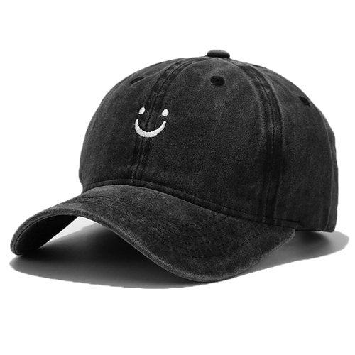 Tefelory Cute Smile Face Baseball Cap for Women Men Adjustable Vintage Washed Cotton Low Profile Dad Hat Black