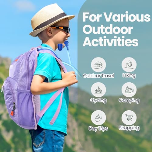 Kids Hydration Backpack Set with 1.5L Water Bladder - Lightweight, Insulated, Pink/Purple/Cyan