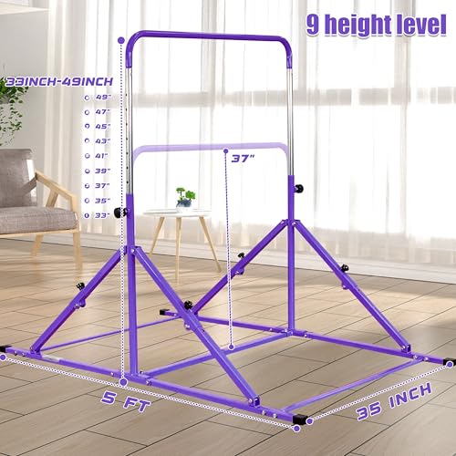 MARFULA Foldable Gymnastics Bar with Mat, 9-Height Levels, 200 lbs Capacity, 5 ft Indoor Outdoor Gym Equipment (Purple, with Mat)