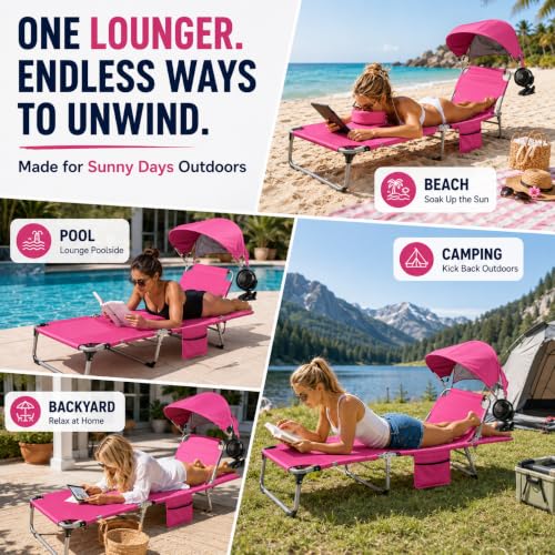 Pink Folding Camping Lounge Chair with Canopy & Fan - Portable Reclining Outdoor Cot with Pillow & Side Pocket