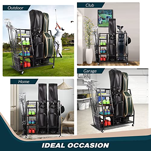 2pcs Golf Bag Storage Rack with Wooden Shelf & Lockable Wheels - Fits 2/3 Golf Bags & Accessories