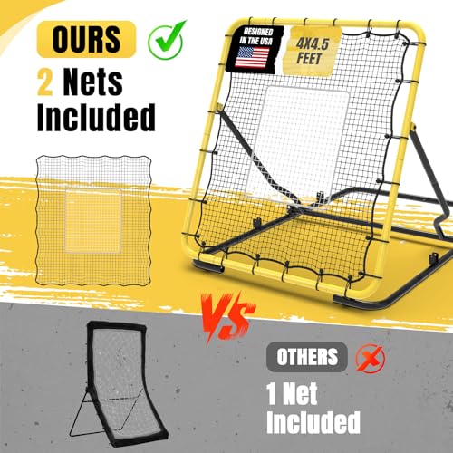 Baseball Rebounder Net 4x4.5ft with Spare Net and Adjustable Angles - Solo Practice