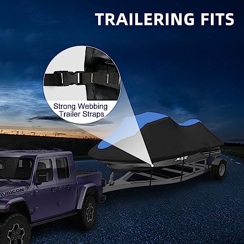 600D Waterproof Jet Ski Cover Fits 126-135 Inch 3 Seater - Blue & Black, Windproof & UV Protected