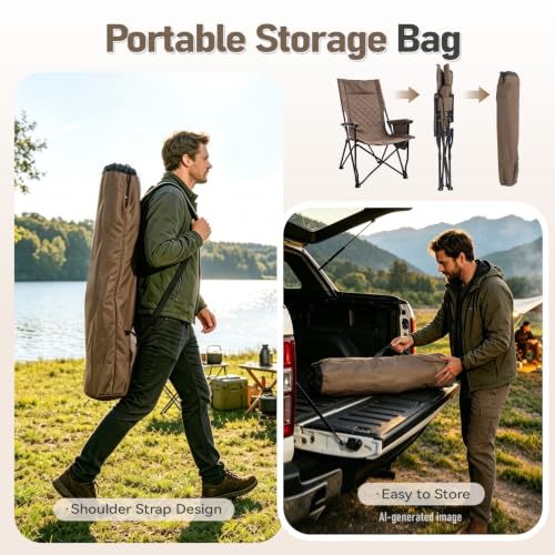 Khaki Portable Folding Camping Chair with High Back and Storage Bag