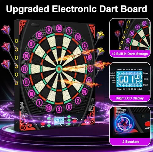 Beige Soft Tip Electronic Dart Board for Adults, 34 Games, Voice & LED Prompts