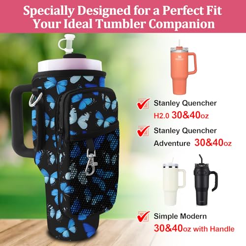 Blue Butterfly Neoprene Water Bottle Carrier for Stanley 30oz/40oz with Phone & Adjustable Strap