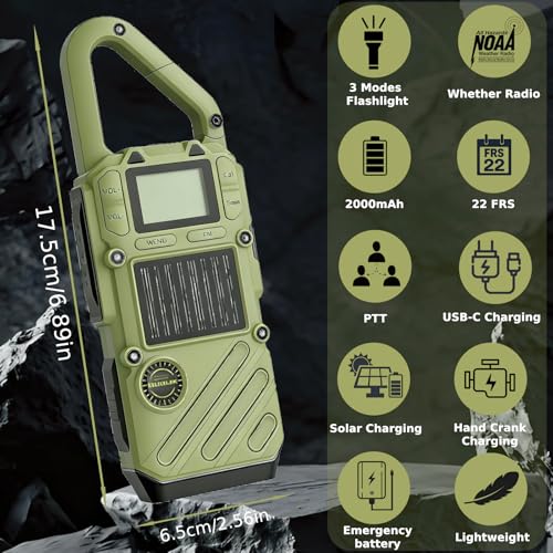 QUOLIX Green Long Range Walkie Talkies for Adults, Emergency 2-Way Radio with FM, SOS, NOAA Weather, Flashlight, Solar & USB-C Rechargeable