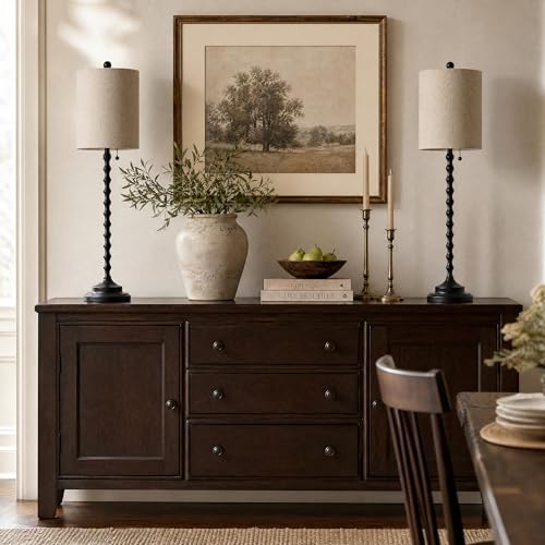 Lampworks Black Buffet Lamps Set of 2, 30-Inch Tall Table Lamps with Linen Shades & Pull Chain Switch