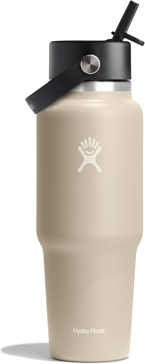 Hydro Flask Travel Water Bottle - Insulated Stainless Steel - Leakproof Wide Straw Lid | 32 Oz Oat Tan