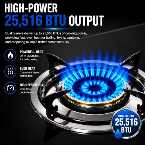 Portable Propane Gas Stove with 2 Burners, 25,516 BTU, Auto Ignition, Tempered Glass Top for Camping, RV, Backyard Cooking