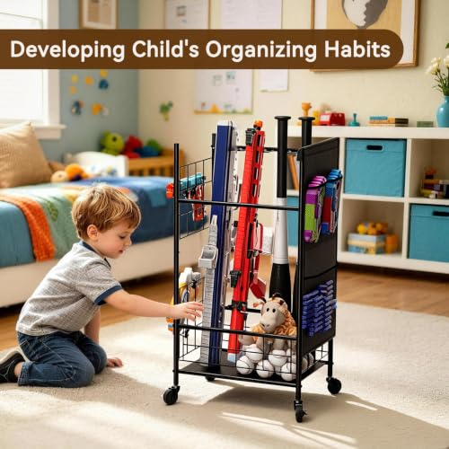 Black Toy Gun Storage Rack for Nerf Blasters - Heavy-Duty Organizer with Wheels, Medium