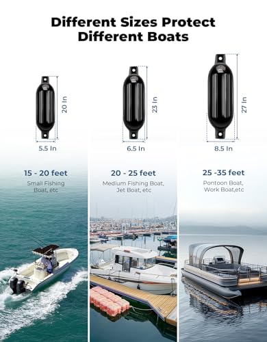 Black Inflatable Boat Fenders 5.5 x 20 inches - 4 Pack for 15-35ft Boats with Quick Release Clips
