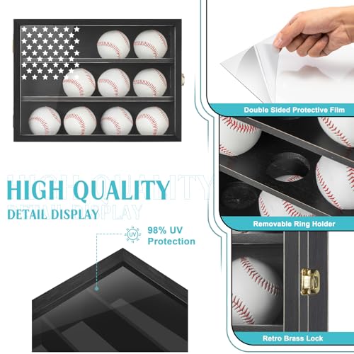 GYaozii Retro Baseball Display Case for 12 Balls with UV Protection Wood Frame - Black with Flag Detail