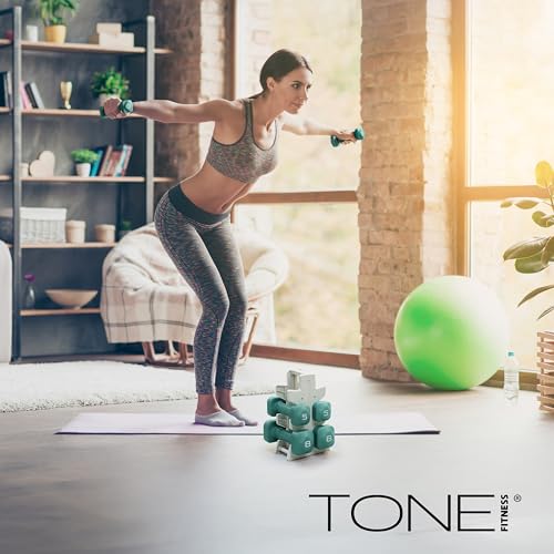 Tone Fitness Neoprene Dumbbell Set with Light Gray Storage Rack – 32 lb